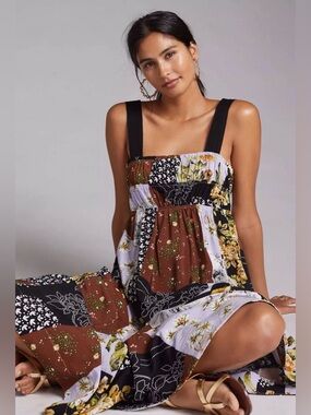 Maeve Anthropologie Patchwork Maxi Dress in Black, Brown & Cream